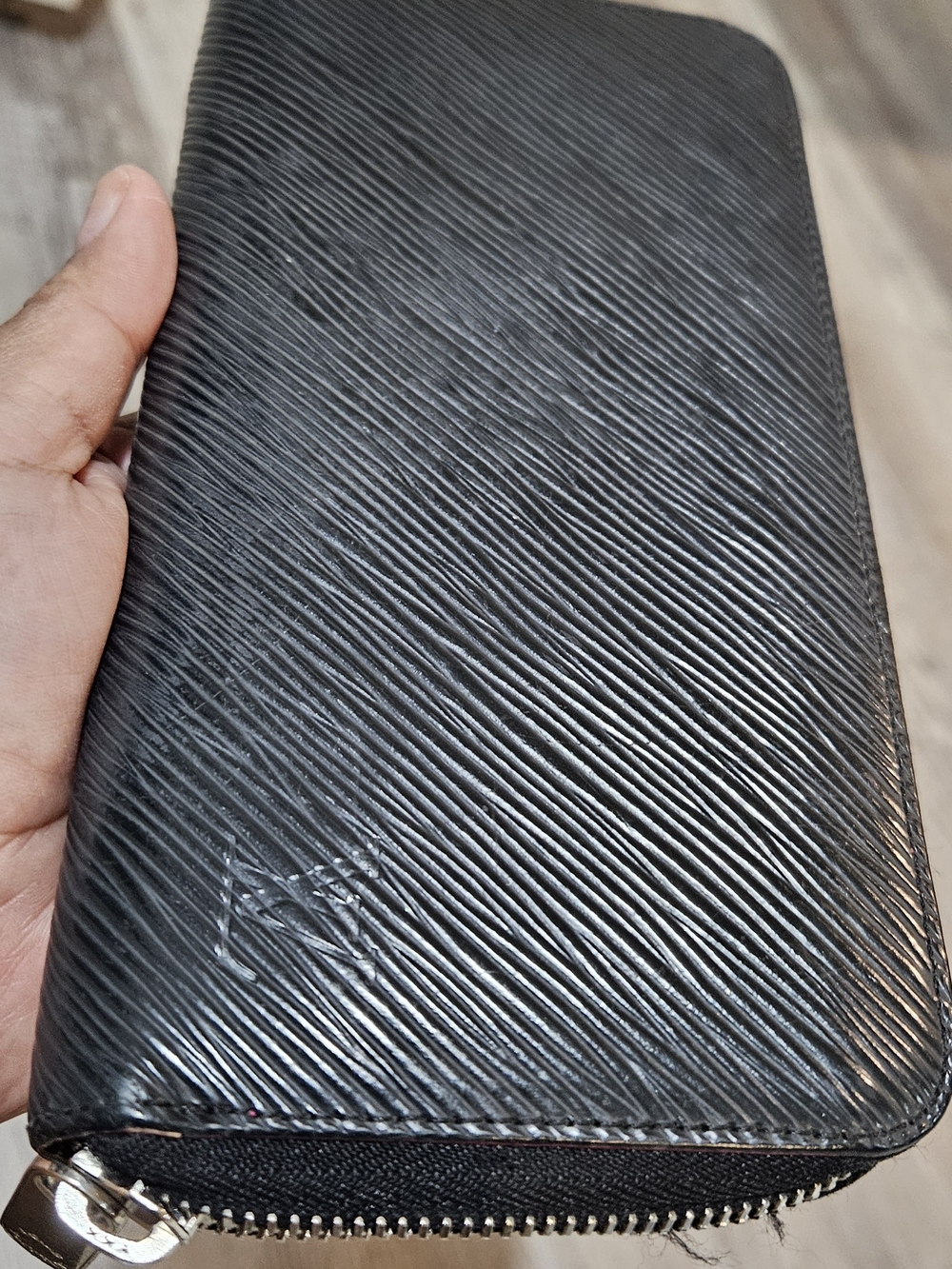 Louis Vuitton Black Leather Zip Wallet with Pink Trim